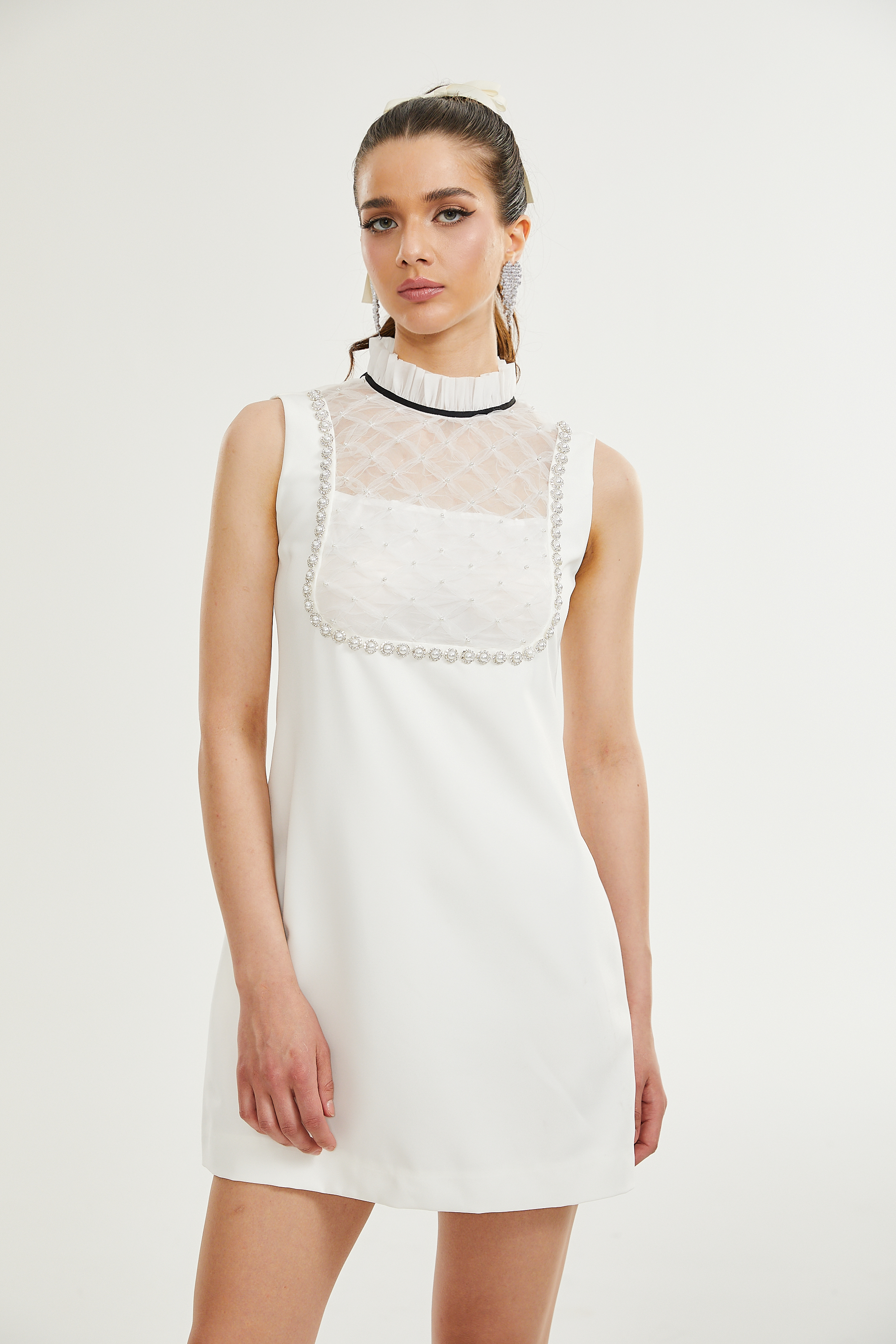 Adrielle Beyaz Suni İnci Mini Elbise