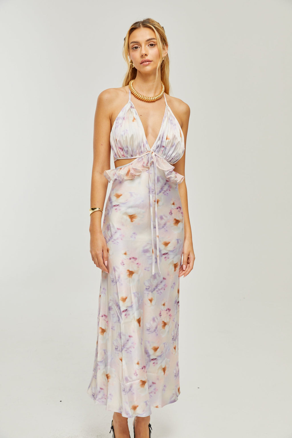 Agathe Derin V Yaka Çiçek Desenli Midi Elbise