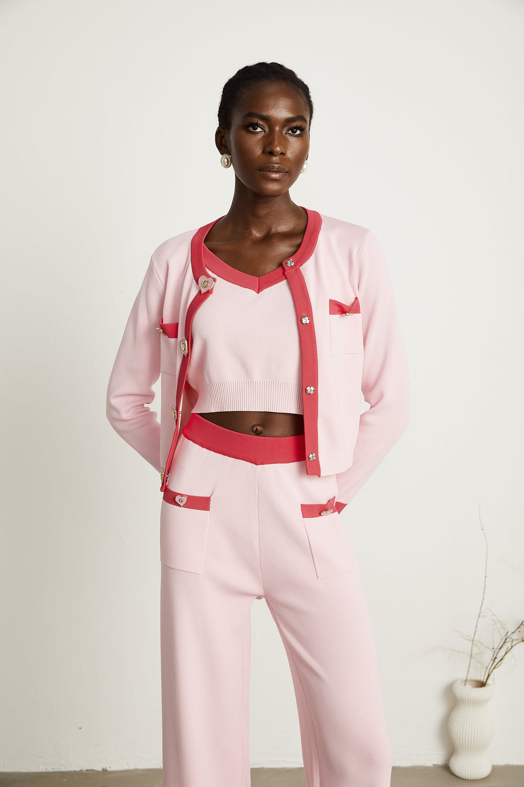 Ariane Pembe Örgü Hırka & Yelek Üst & Pantolon Uyumlu Takım