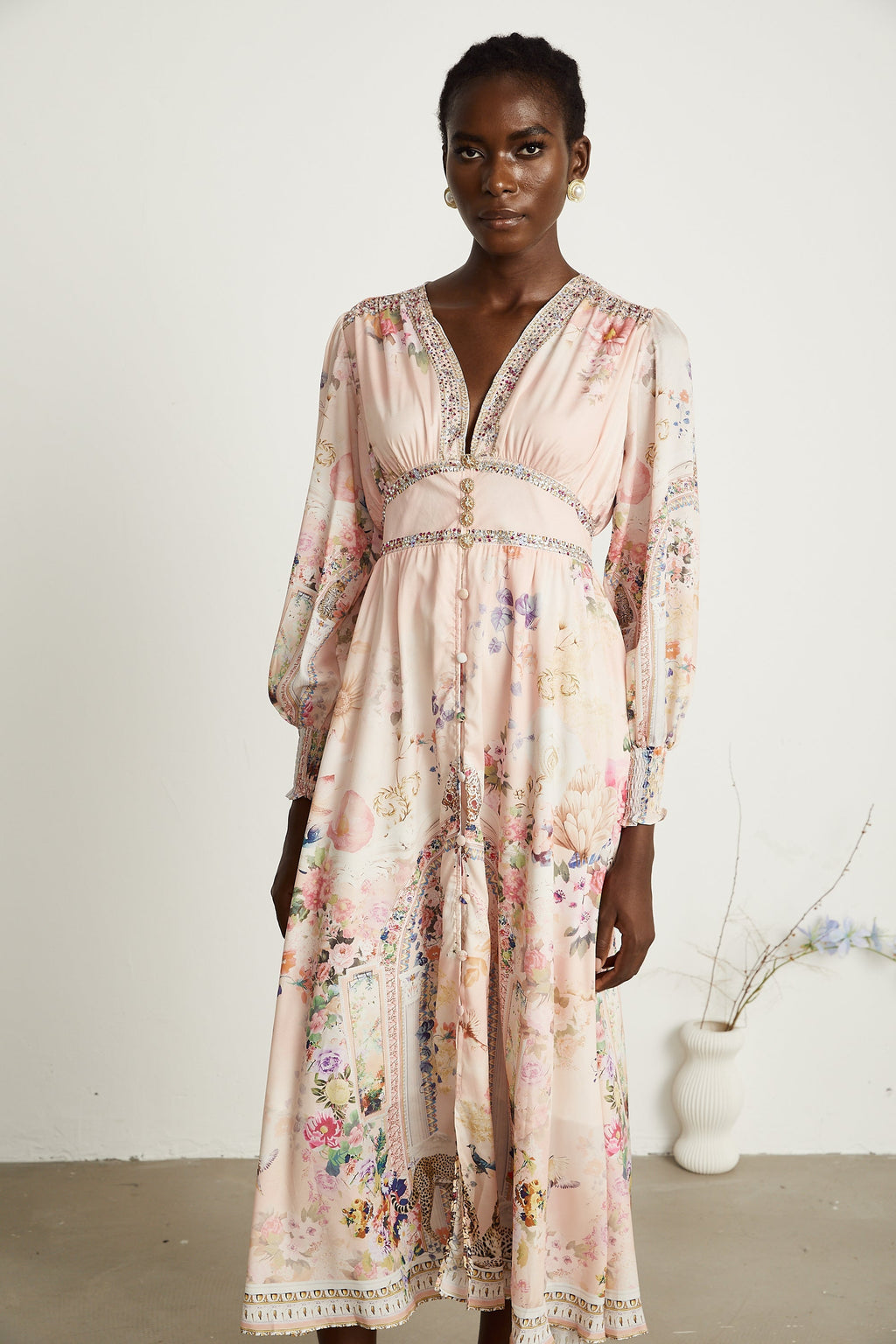 Audrey Grafik Yapay Elmaslarla Süslenmiş Midi Elbise