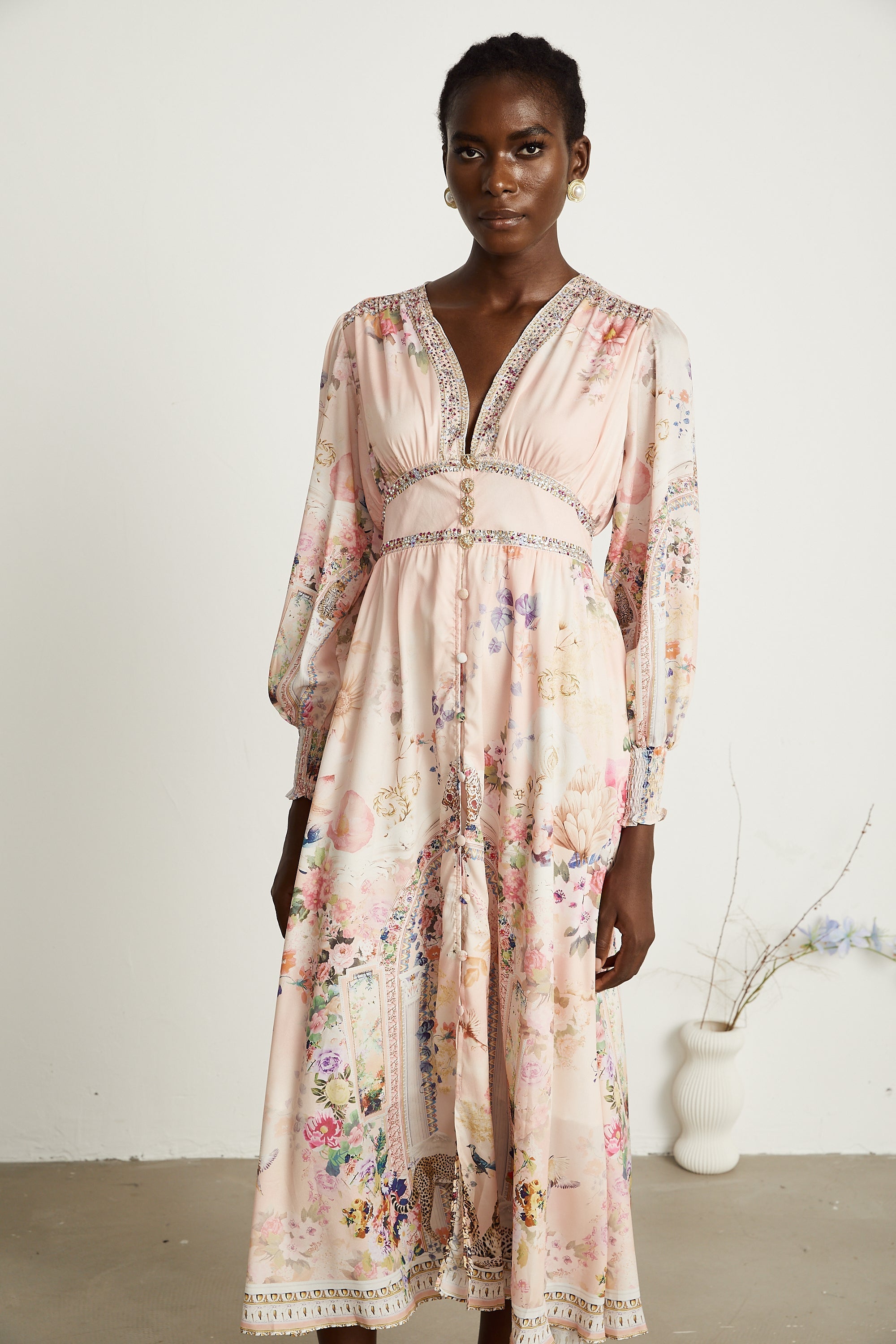 Audrey Grafik Yapay Elmaslarla Süslenmiş Midi Elbise