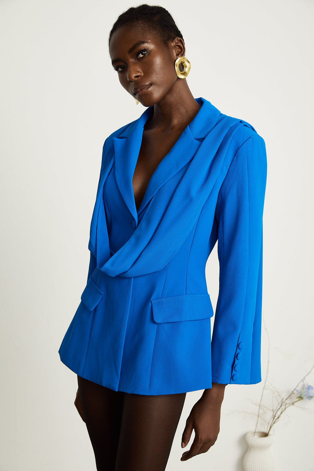 Audrey Mavi Eşarp Süslemeli Ceket