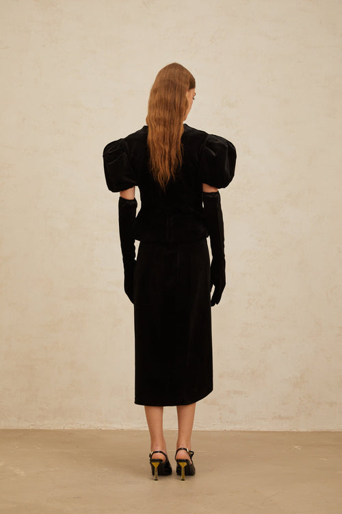 Adèle Siyah Kurdele Detaylı Kesik Kadife Bluz ve Etek Takımı