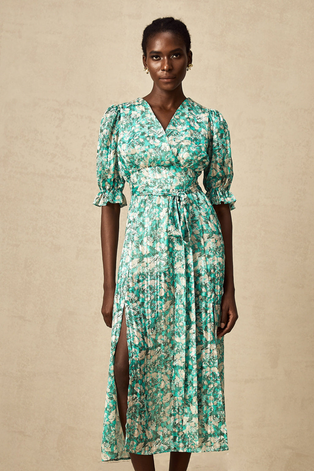 Alisa Yeşili Çiçek Desenli, Yırtmaçlı Midi Elbise