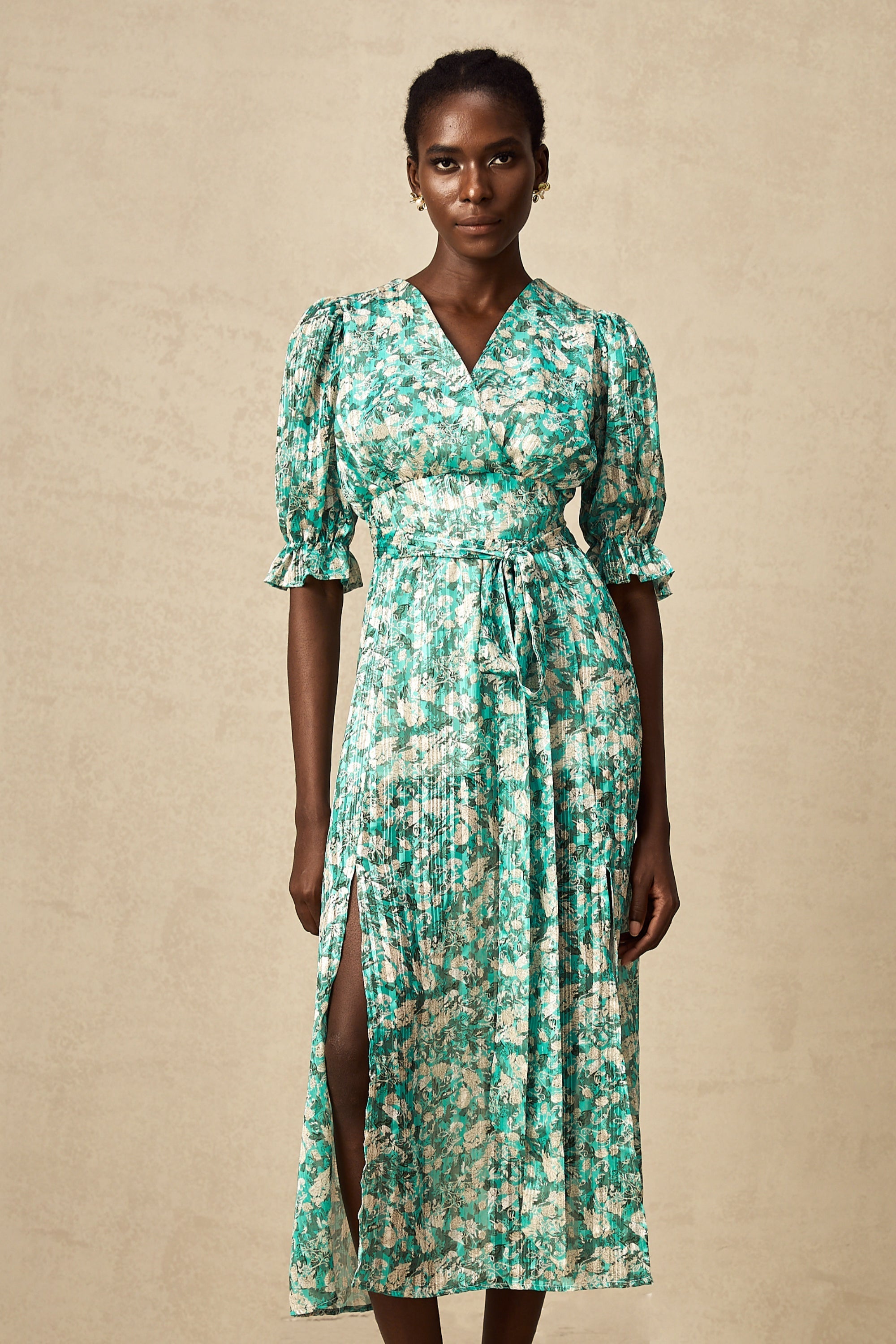 Alisa Yeşili Çiçek Desenli, Yırtmaçlı Midi Elbise