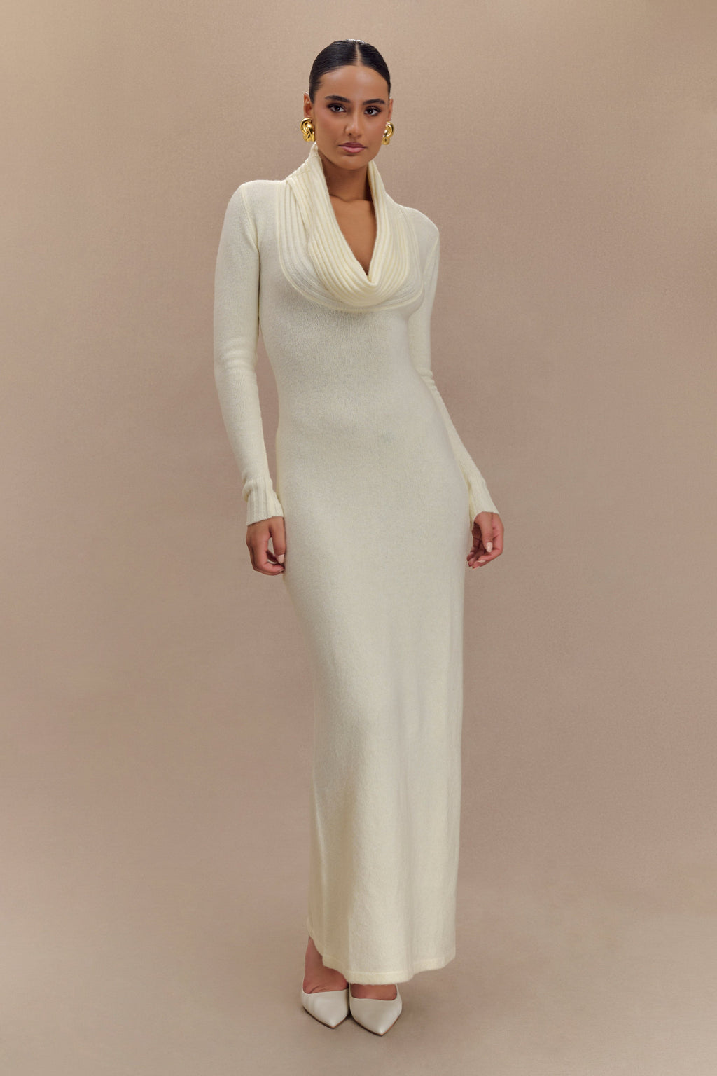 Alessandra Çift Taraflı Örgü Maxi Elbise - Fildişi Marle