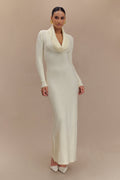 Alessandra Çift Taraflı Örgü Maxi Elbise - Fildişi Marle