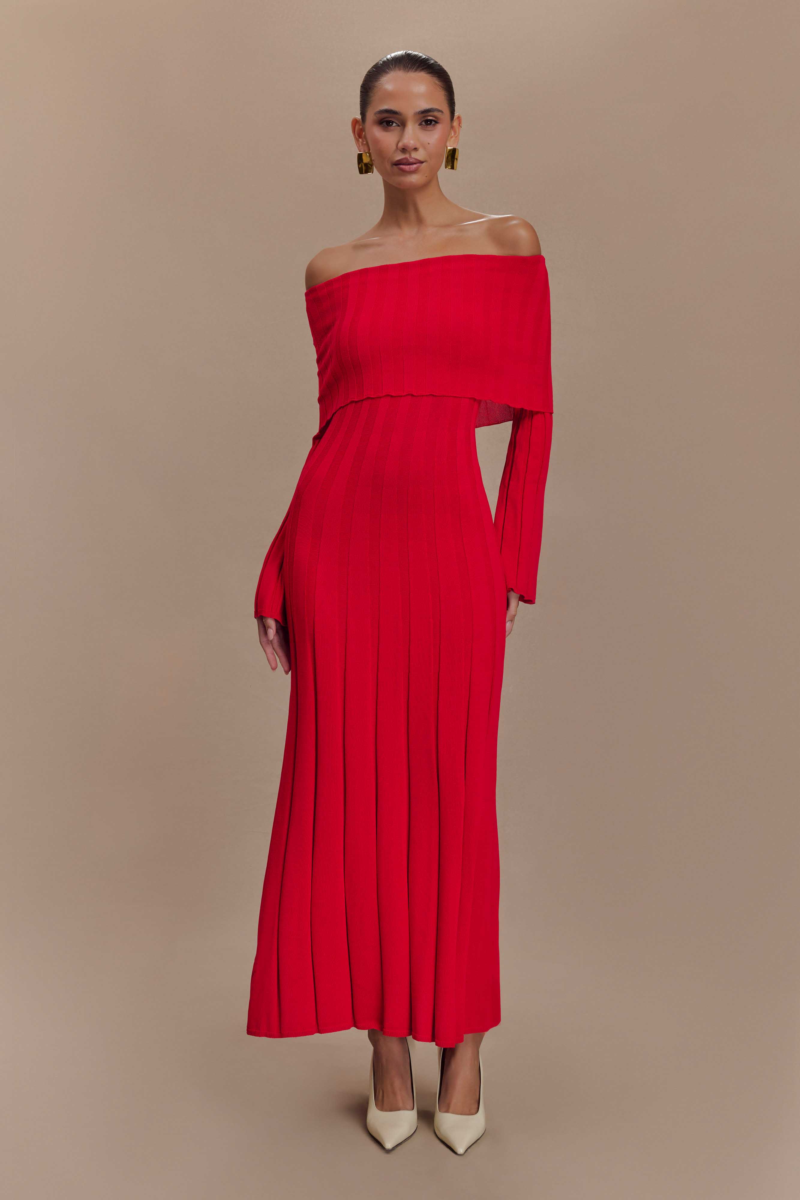 Alonza Uzun Kol Triko Midi Elbise - Kırmızı