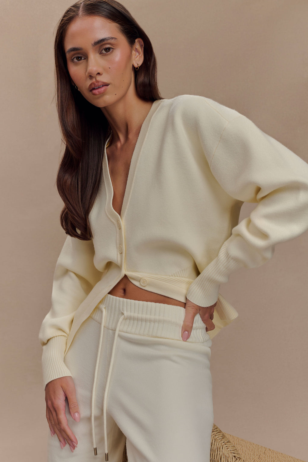 Alexia Düğmeli Büyük Beden Hırka - Fildişi