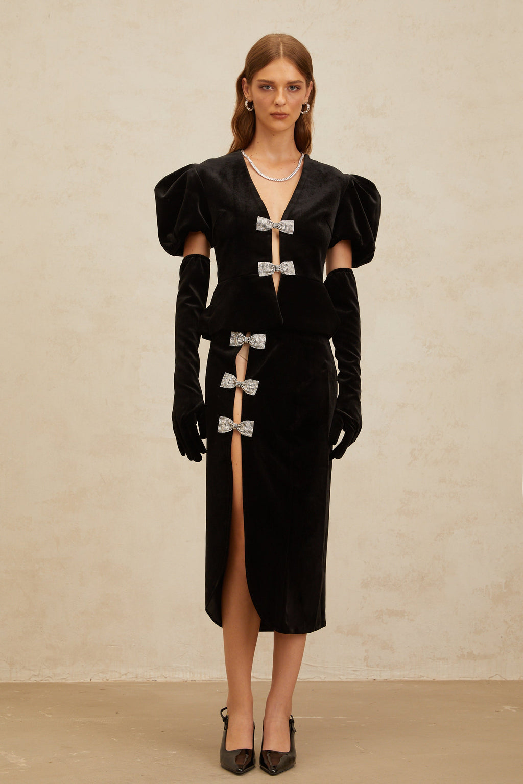 Adèle Siyah Kurdele Detaylı Kesik Kadife Bluz ve Etek Takımı