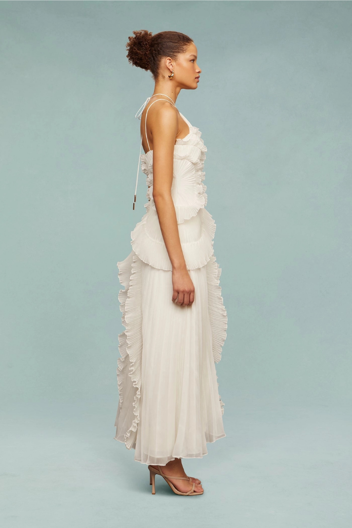 Anabella Pileli Fırfırlı Beyaz Midi Elbise