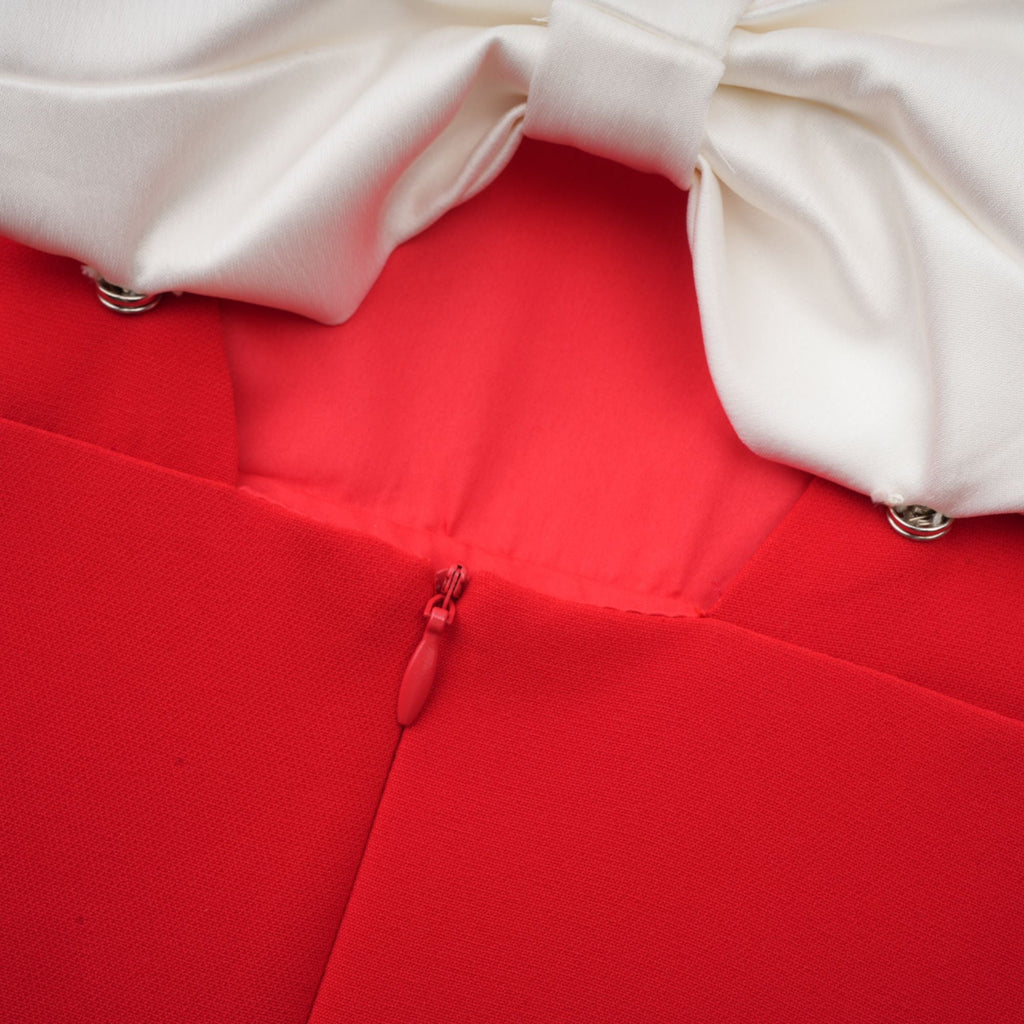 Anna Kırmızı Yaprak Kollu Kesik Fiyonklu Mini Elbise