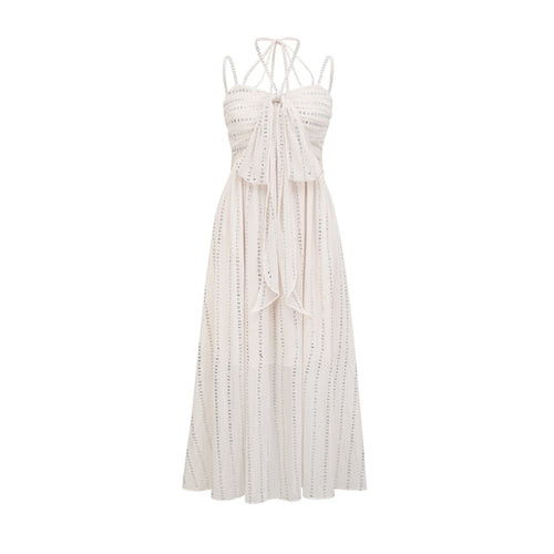 Adèle Beyaz Pilili Kristal Süslemeli Midi Elbise