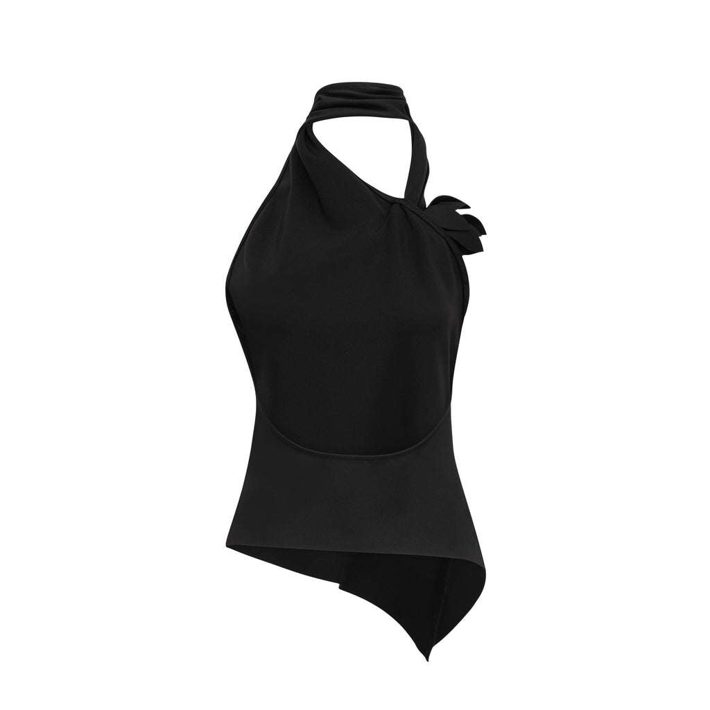 Aline Çiçek Aplikeli Sırtı Açık Asimetrik Üst