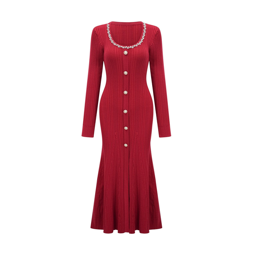 Anaxarete Kırmızı İşlemeli Örme Midi Elbise