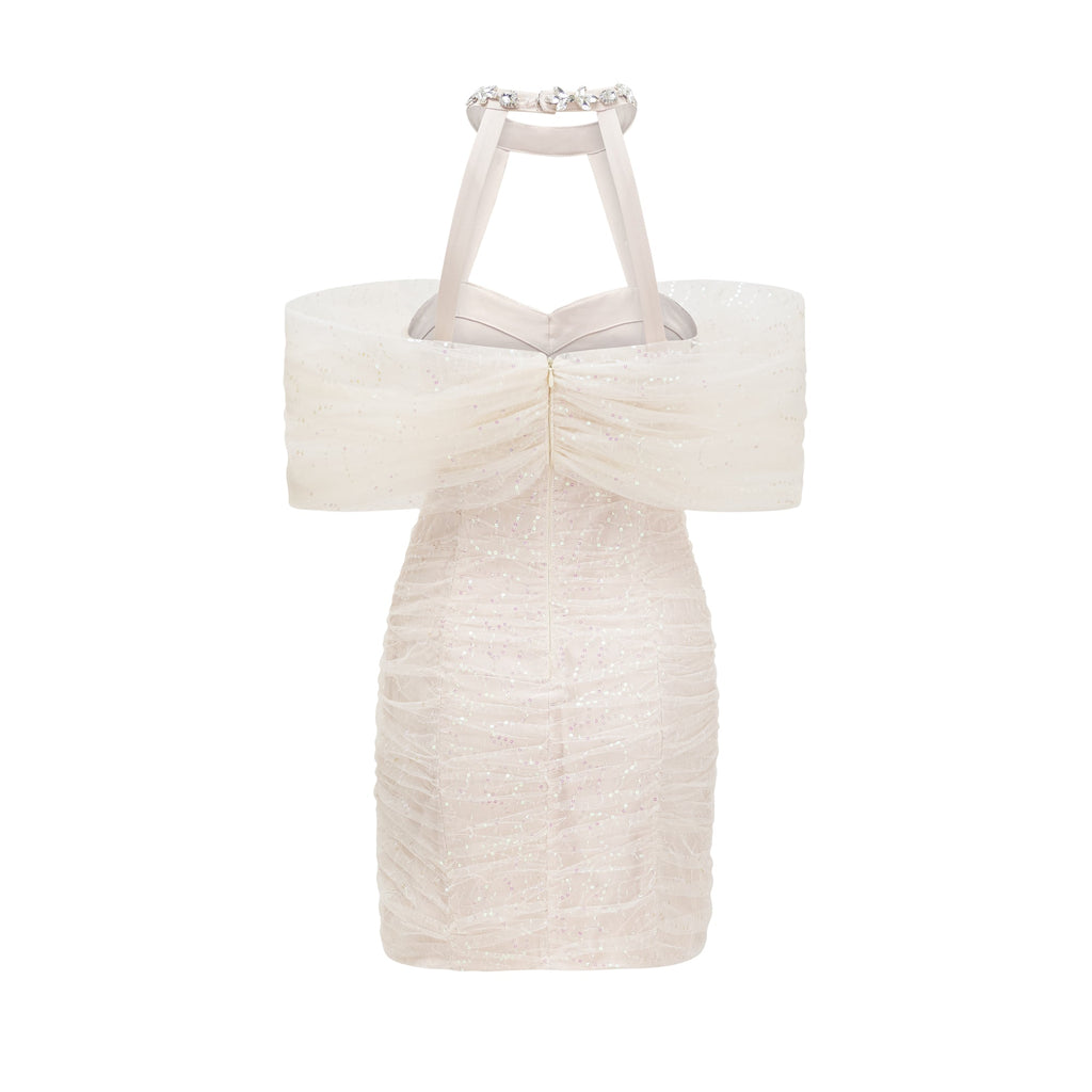 Aibhilín Beyaz Kristal Süslemeli Mini Elbise
