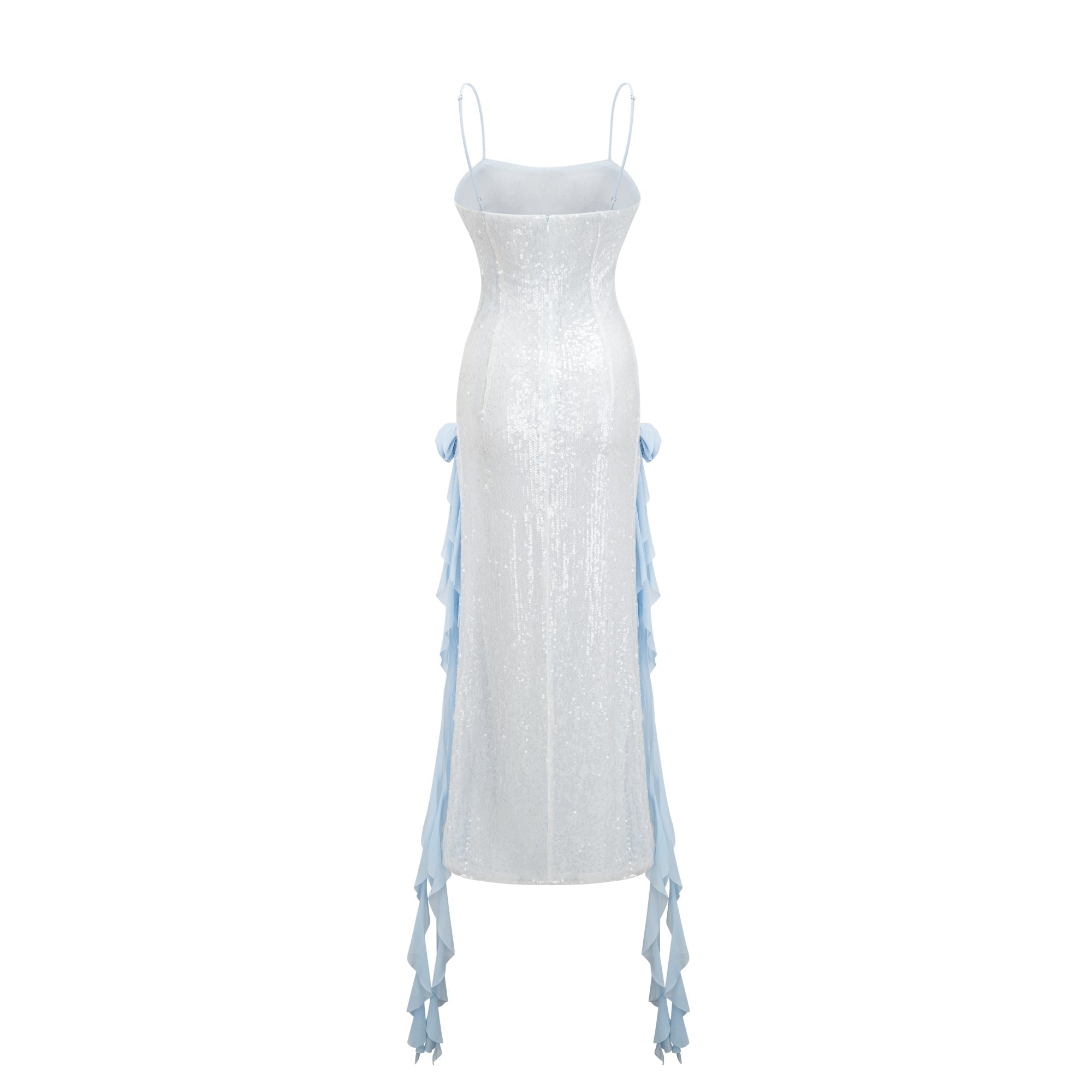 Arianne Mavi Çiçekli Fırfırlı Midi Elbise